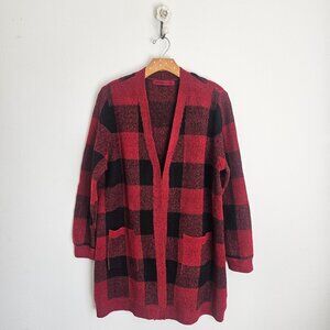 Buffalo Plaid Red Black Long Cardigan Cozy Knit Open Front XL